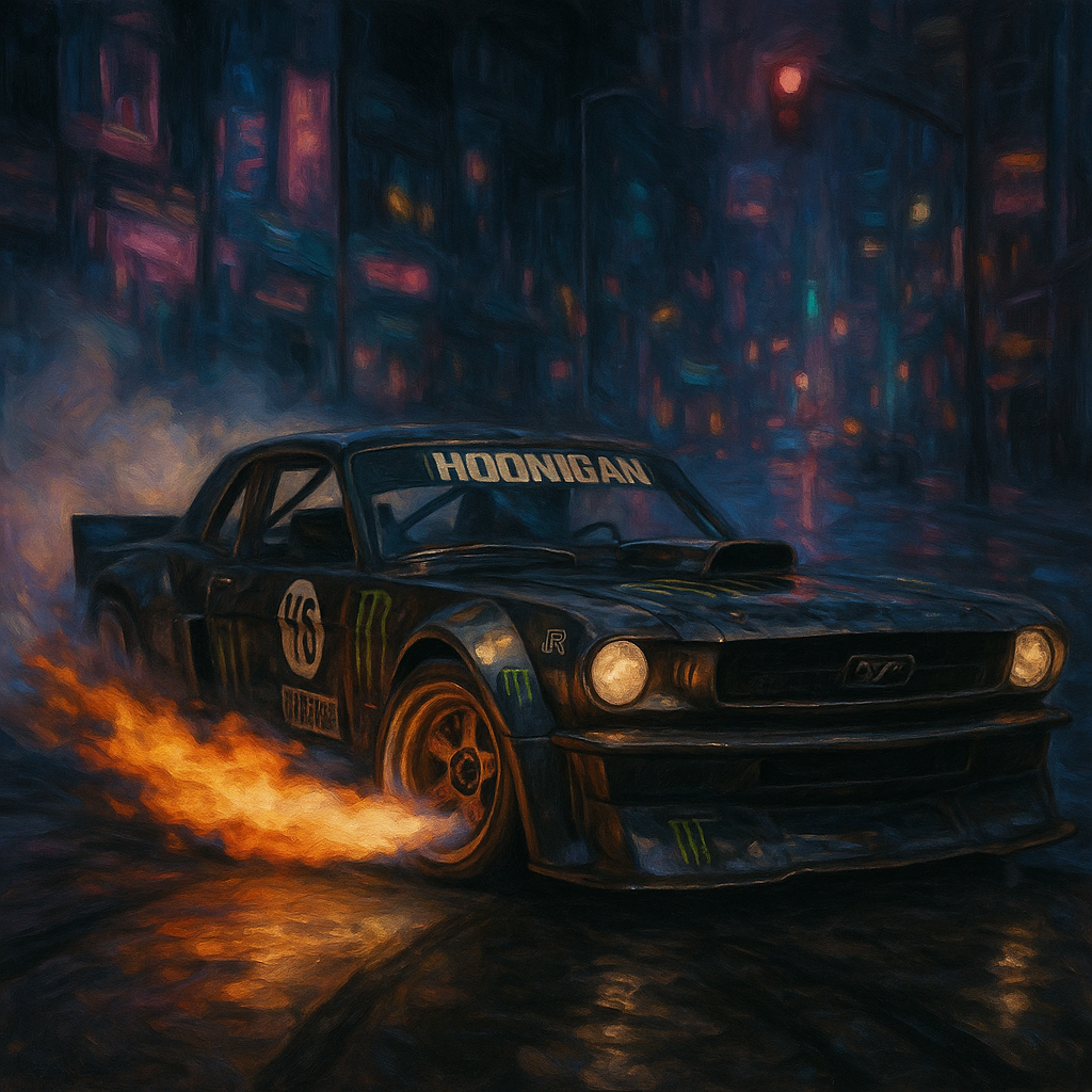 ford mustang hoonicorn 1965 drifting with big flames going from exhaust in darker neon city