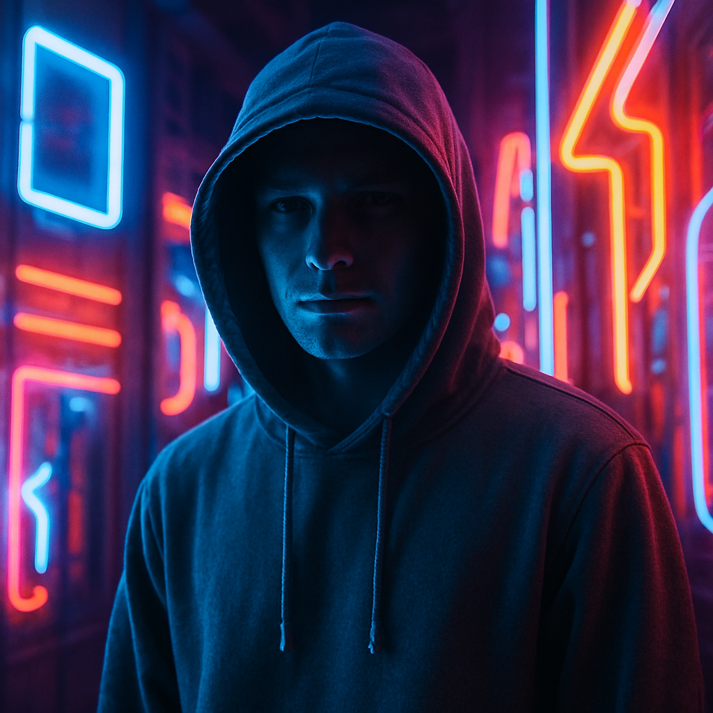 A hoodie neon man, with neon lights everywhere 