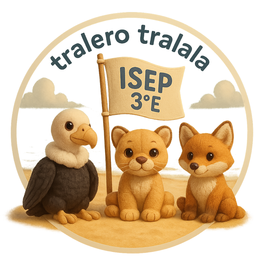 haceme un logo de una escuela que tenga a tralero tralala en la playa con una bandera que dija ISEP 3°E y que tenga unos peluches de un condor,un puma y un zorro
