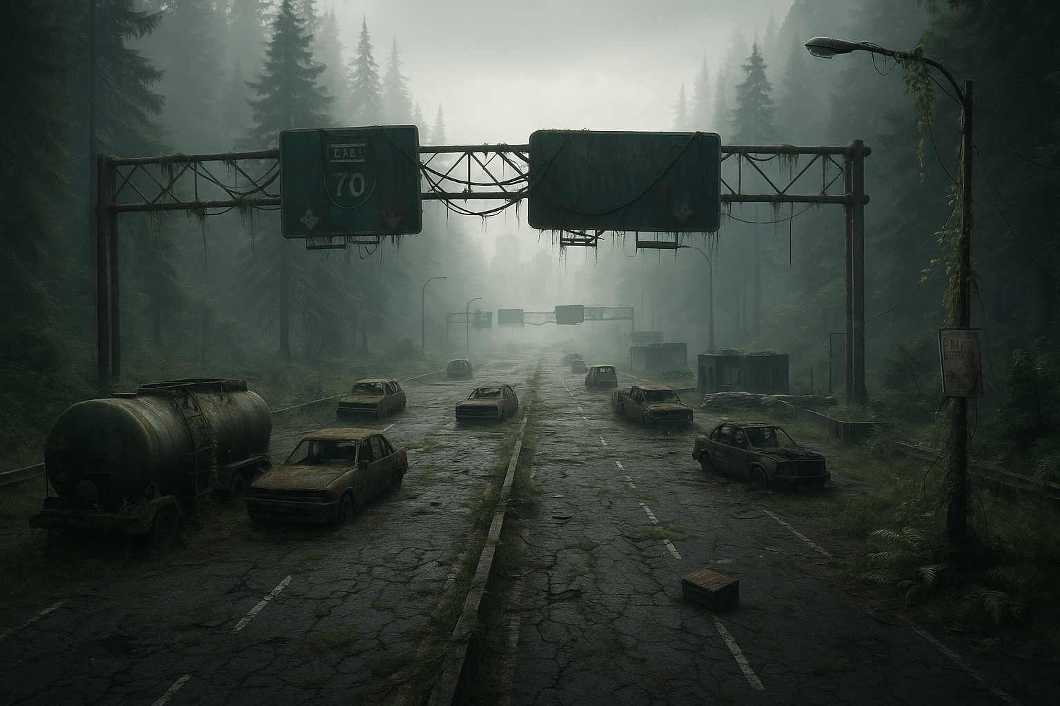A massive abandoned interstate stretching toward the horizon, cracked asphalt overtaken by dense forests, rusted vehicles scattered across all lanes, overturned fuel tankers covered in moss, collapsed highway signs hanging by twisted cables, abandoned military barricades with sandbags and burned-out checkpoints, thick morning fog rolling between towering pine trees, distant ruined skyline barely visible through the mist, nature reclaiming civilization, vines wrapping around streetlights, abandoned luggage and faded warning posters blowing in the wind, cinematic post-pandemic atmosphere, hyper-realistic textures, volumetric fog, dramatic overcast lighting, haunting silence, subtle environmental storytelling, ultra-detailed foliage, realistic weathering, photorealistic survival landscape, 8K masterpiece.