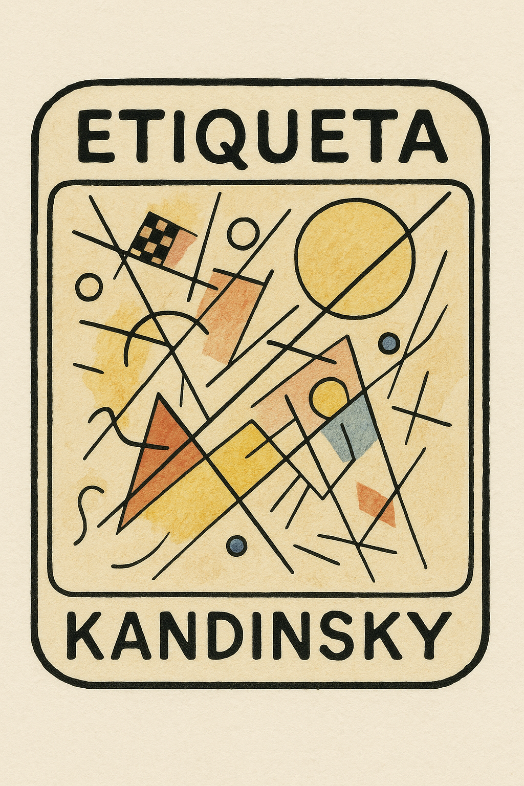 Etiquete en formato disruptivo con medidas de 75mm alto x 60mm ancho y que sutilmente contenga una obra de arte de Kandinsky