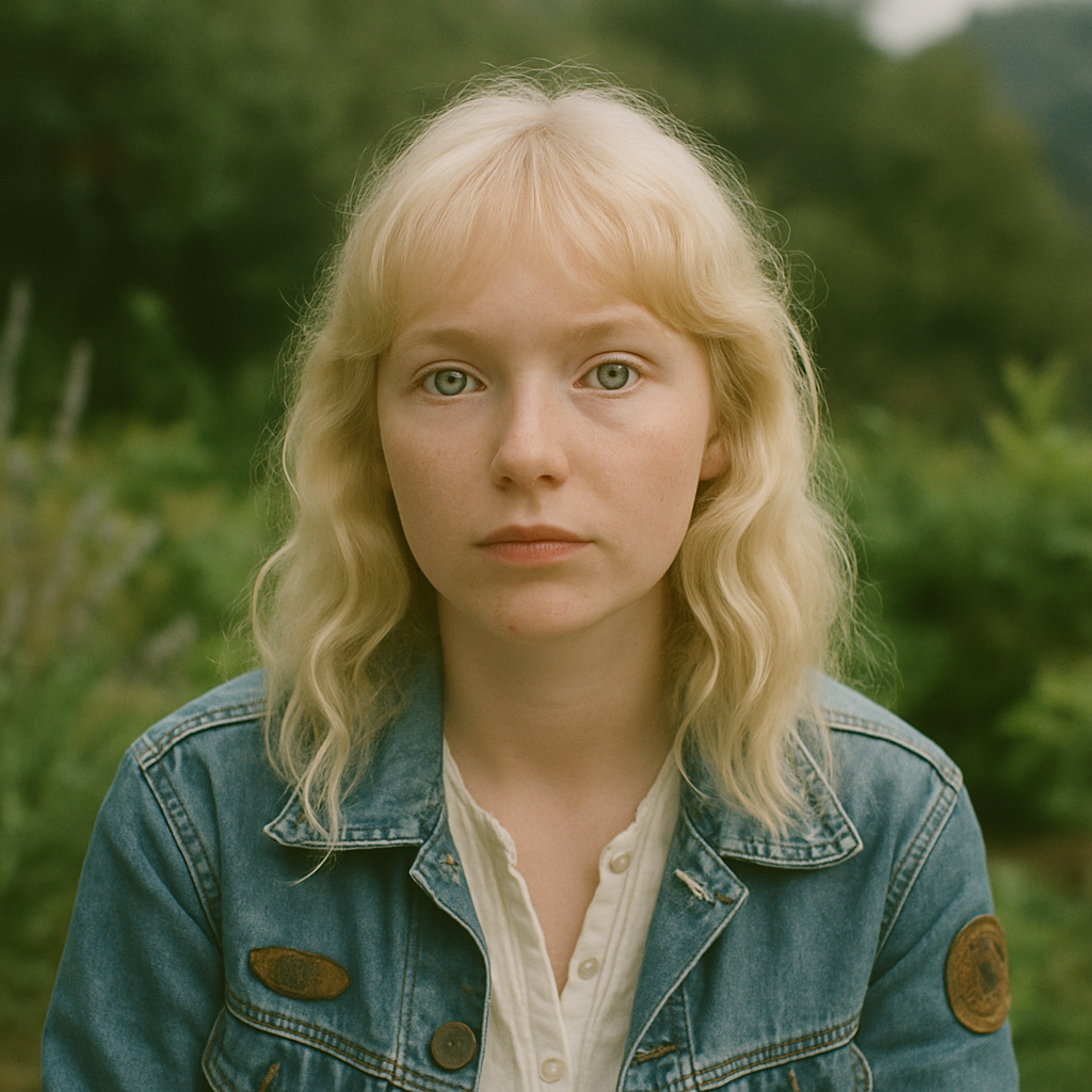 Authentic editorial portrait of Ceridwen, a 22-year-old Welsh folk singer, natural near-platinum blonde, pale eyebrows and lashes, no visible dye line hair with soft loose waves, heart-shaped face, pale skin with a delicate constellation of freckles across her nose and cheeks, large and astoundingly light blue eyes-still blue, but of a very pale shade, subtle natural makeup, weathered jean jacket with patches, over a white cotton shift with the top two buttons unbuttoned, gentle thoughtful expression, Laurel Canyon garden, coastal daylight, 1970s folk-album photography, analog 35mm film grain, muted sage green and warm ivory palette, realistic skin texture, intimate head-and-shoulders composition, no text, no watermark, 1:1 album-cover composition, subject positioned slightly below center, open negative space above for later typography, no letters or logos 