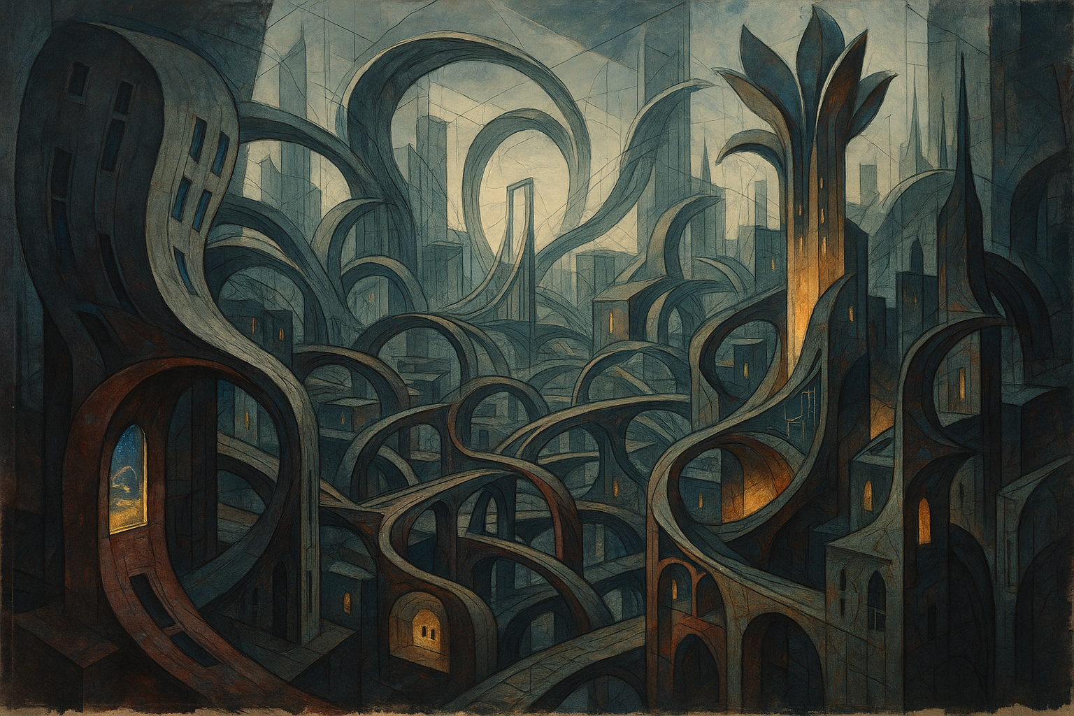 An enormous futuristic city constructed from distorted architectural forms that behave like emotions: buildings bend like sadness, bridges twist like anxiety, towers bloom like hope, and windows contain miniature dreamlike landscapes. No recognizable landmarks. Perspective constantly shifts, creating an impossible urban environment inspired by cubism and deconstructivist architecture. Use concrete gray, oxidized copper, deep burgundy, ultramarine, and warm ivory. Incorporate rough brush textures, torn-paper collage edges, architectural line drawings, translucent overlays, and unexpected negative space. Moody cinematic illumination with pools of warm light emerging from an otherwise austere environment. Museum-quality conceptual artwork.