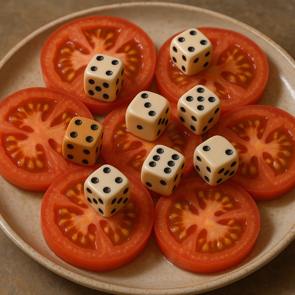Slices of Tomato on a plate with several pairs of Dice on top