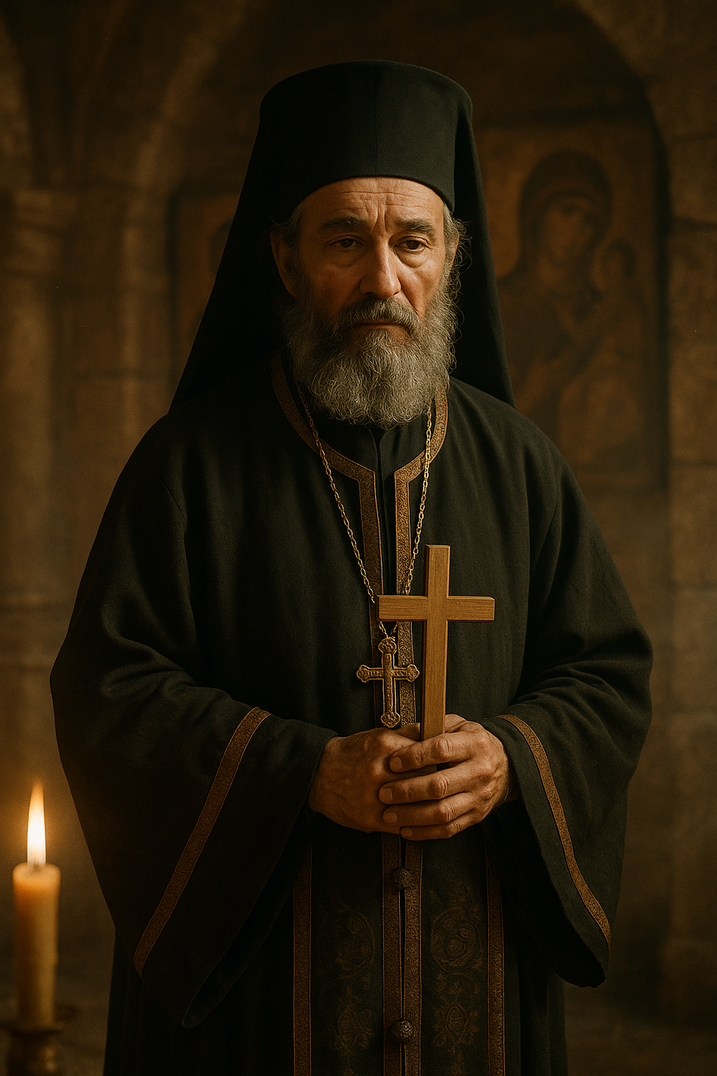 Saint Dionysios of Zakynthos as a mature Greek Orthodox bishop in the late 16th century, standing inside an ancient stone monastery, humble expression, dark monastic robes, traditional Orthodox bishop's vestments, holding a simple wooden cross, soft candlelight illuminating his face, aged Byzantine-inspired icons in the background, quiet spiritual atmosphere, photorealistic cinematic historical drama, authentic period clothing, muted earthy colors, warm golden light, atmospheric incense haze, 35mm film look, subtle grain, no modern objects, no text, no watermark, vertical 9:16cinematic 16th-century Greek historical drama, Zakynthos and Ionian Islands, late Renaissance Greek Orthodox atmosphere, photorealistic, natural warm Mediterranean light, muted earthy colors, realistic human faces, authentic 16th-century Greek clothing, aged stone and wood textures, subtle golden highlights, atmospheric dust, volumetric sunlight, 35mm cinematic film look, subtle film grain, shallow depth of field, solemn spiritual atmosphere, historically inspired, no modern objects, no text, no watermark, vertical 9:16