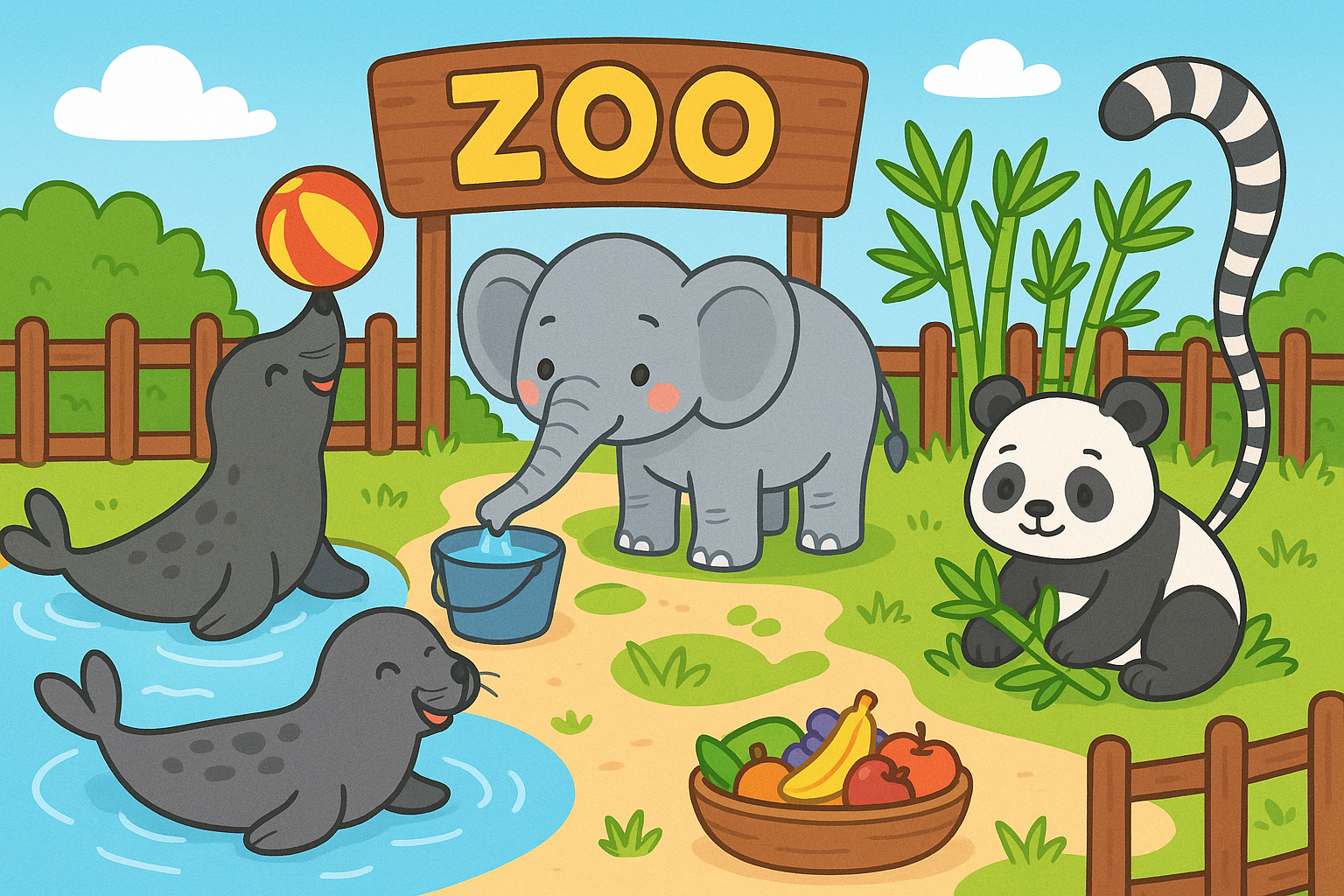 Draw a picture of a little zoo. The image is for primary school children, aged 6 to 7.
There are only these animals: two seals, a panda, an elephant, a ring-tailed lemur.
This is what the animals do:
The seals are playing with a little ball.
The elephant is drinking water from a bucket.
The panda is sitting on some bamboo leaves.
The ring-tailed lemur is jumping over a bowl of fruits.