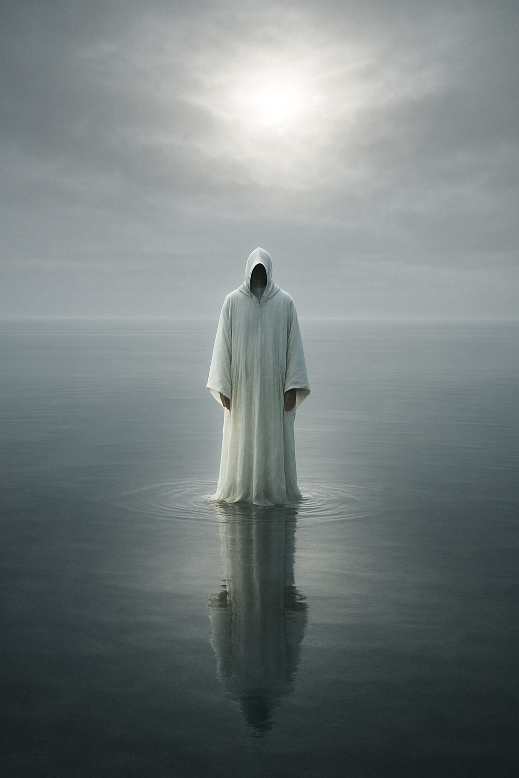 A hooded man that is far away is wearing glowing white robes standing on water that is smooth as glass with a bright gray sky that has some bright white light coming through