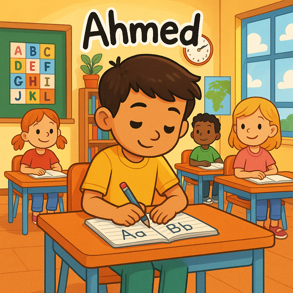 Draw a picture for primary school children aged 6 to 7 years.
classroom scene
Boy: Ahmed
has short dark brown hair
is wearing a yellow t-shirt, green trousers, black shoes
is sitting at his desk
is writing lessers in his notebook
Write the name Ahmed next to the boy