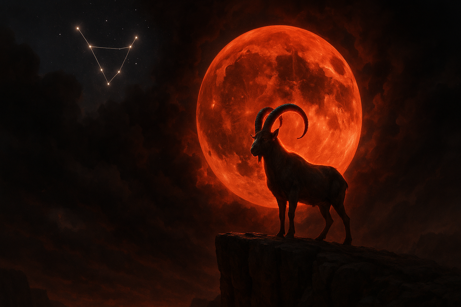 Create a cinematic astrology scene of a powerful Capricorn mountain goat standing on a massive cliff beneath an enormous glowing Blood Moon, with red lunar light surrounding its horns and body, dark storm clouds opening behind it, and the Capricorn constellation shining brightly overhead. Symbolize Capricorn entering a completely new chapter after the Blood Moon. Ultra-realistic, mystical, dramatic, 16:9, no text, no watermark.