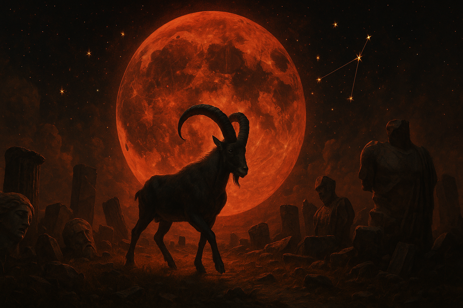 Create a dramatic cosmic scene of a powerful Capricorn mountain goat walking through a field of ancient broken statues, with a giant Blood Moon illuminating the path ahead in crimson light. Behind the goat, the statues represent old beliefs and past limitations, while golden stars and the Capricorn constellation appear ahead. Symbolize Capricorn leaving old patterns behind. Cinematic realism, 16:9, no text.