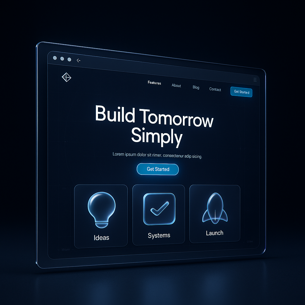 Design an imaginative simple futuristic website landing-page template displayed inside a floating transparent desktop browser window against a dark atmospheric environment. The webpage itself uses a deep midnight-blue background with a subtle radial gradient and an almost invisible technical grid. At the top, place a tiny geometric logo, four compact navigation links, and a luminous “Get Started” button. The central hero contains an enormous elegant headline, “Build Tomorrow Simply,” accompanied by a short minimalist paragraph and one glowing pill-shaped CTA. Below the hero, introduce three oversized modular cards representing “Ideas,” “Systems,” and “Launch,” each containing abstract glass-like 3D symbols. Keep the information architecture extremely simple despite the futuristic aesthetic. Add delicate thin connector lines, tiny coordinate labels, and restrained interface micro-details. Visual style: futuristic Swiss UI meets premium sci-fi product design, sophisticated rather than cyberpunk. Use midnight navy, electric cyan, icy blue, soft violet, and tiny white highlights. Glassmorphism should be subtle and physically believable, with translucent panels, realistic refraction, soft bloom, and controlled reflections. Composition: browser centered with generous negative space, slight perspective tilt, floating against a black-blue studio backdrop. Dramatic rim lighting from cyan and violet sources, soft volumetric haze, subtle reflections beneath the browser, cinematic contrast. Photorealistic 3D product-render quality, 35mm lens, shallow environmental depth of field, razor-sharp interface typography, premium technology campaign aesthetic. Keywords: futuristic website template, landing page UI, glassmorphism, minimal sci-fi interface, premium SaaS website, dark mode, holographic accents, translucent cards, cinematic lighting, 3D browser mockup, elegant technology design, ultra-detailed, 8k.