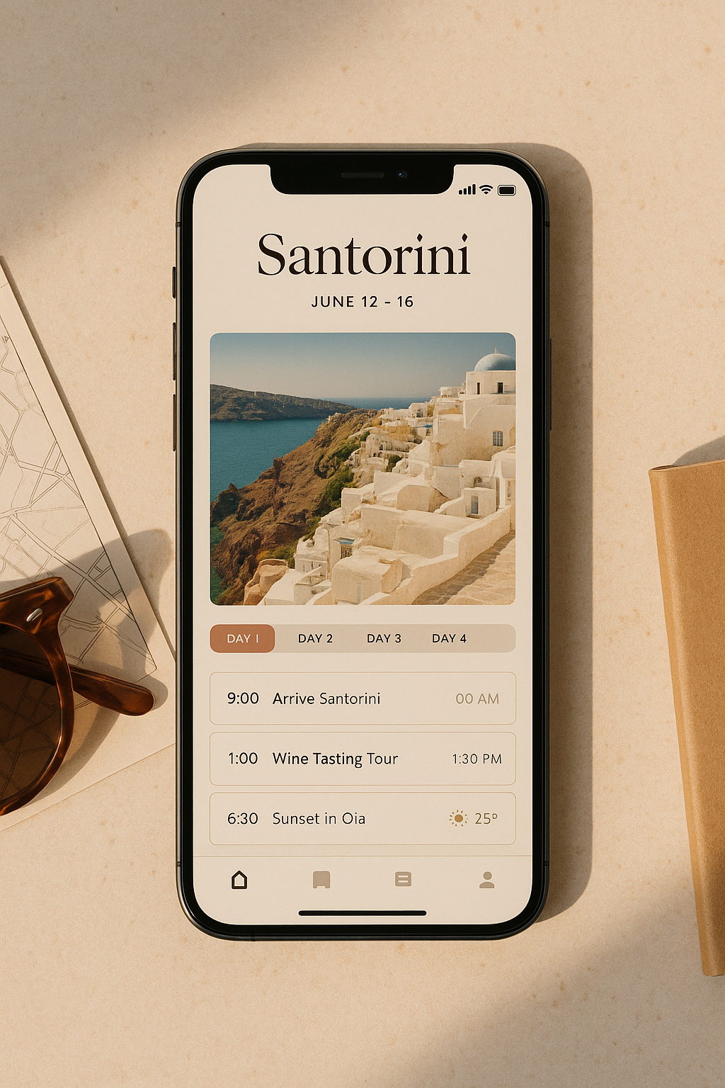 Create a beautifully simple mobile travel-planning web-page template inspired by contemporary boutique travel magazines. Show a tall smartphone displaying an elegant travel dashboard with a large destination image at the top, compact trip title and dates, a horizontal row of itinerary days, three neatly organized activity cards, a weather badge, and a minimal bottom navigation bar. Use one strong photographic destination image as the visual anchor while keeping every other interface element restrained. Imagine a Mediterranean coastal destination with white architecture, turquoise water, sun-washed stone streets, and a tiny sailing boat in the distance. Interface palette: warm cream, sandy beige, dark espresso typography, muted turquoise, and terracotta accents. Use refined serif typography for destination headings paired with clean modern sans-serif body text. Place the smartphone on a pale stone surface beside a folded paper map, sunglasses, and a small travel notebook, arranged with editorial precision. Late-afternoon golden sunlight, long soft shadows, subtle film grain, luxury travel editorial photography, natural materials, sophisticated composition, realistic screen reflections, premium lifestyle branding, minimal mobile UI, warm cinematic color grading, 35mm photography aesthetic, high-end magazine art direction.