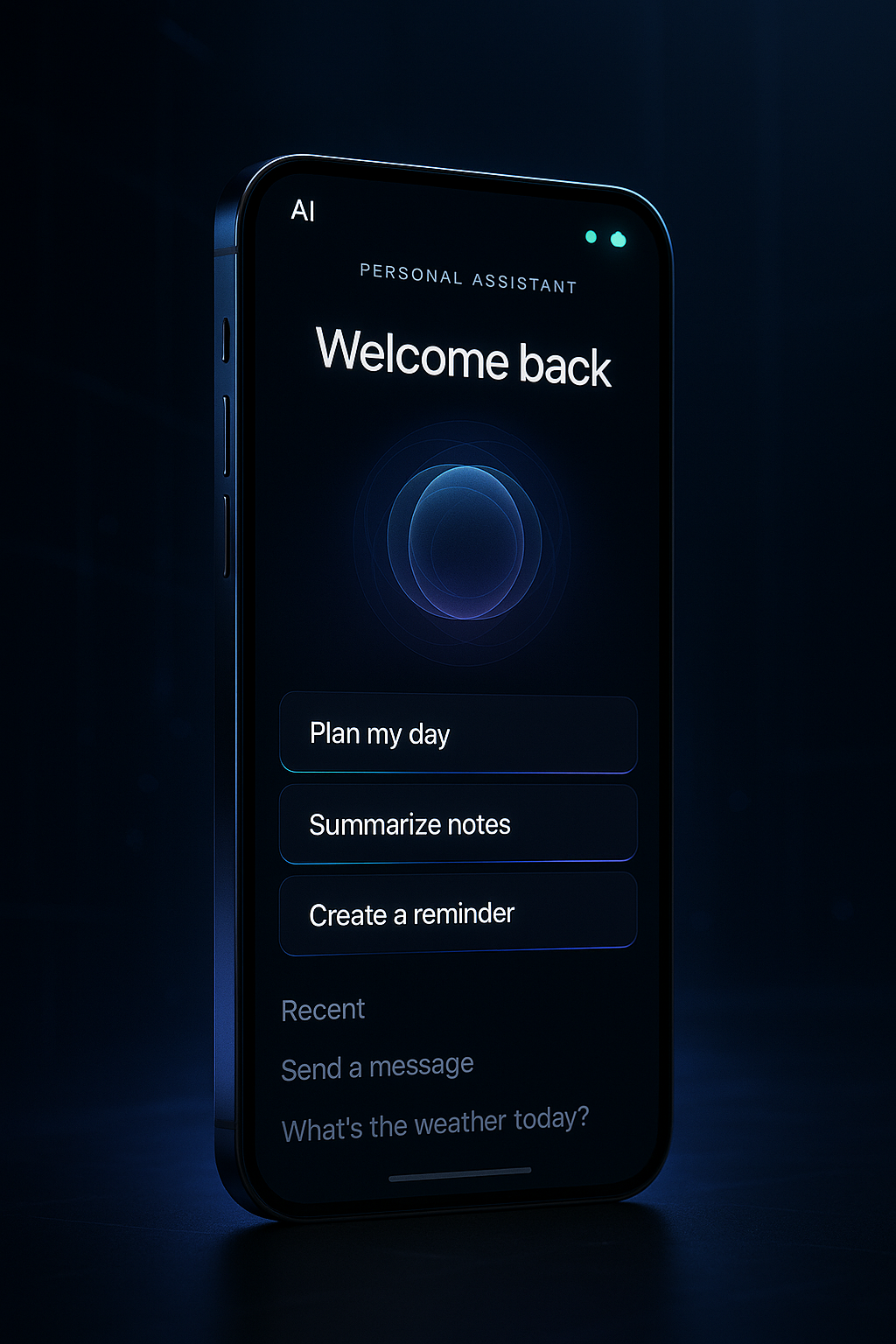 Generate a sleek simple mobile app web-page template for an AI personal assistant, shown on a frameless smartphone against a deep futuristic environment. The interface should remain minimalist despite the futuristic theme: a compact header with a small AI status indicator, a large conversational welcome panel, three suggested-action cards such as “Plan my day,” “Summarize notes,” and “Create a reminder,” followed by a clean recent-conversations section. Use dark graphite and near-black surfaces with subtle translucent layers, electric cyan and violet accent lines, soft luminous gradients, and tiny glowing interface indicators. The central AI visualization should be an understated abstract orb made from concentric translucent rings rather than a humanoid robot. Background: an abstract midnight-blue digital space with faint architectural grid lines and atmospheric particles, deliberately blurred so the phone remains the focal point. Cinematic rim lighting around the device, cool blue reflections, subtle volumetric glow, controlled contrast, premium technology advertising aesthetic, realistic OLED display, precise typography, sophisticated UI/UX, minimal futuristic design, 3D product visualization, 50mm lens look, shallow depth of field, ultra-clean composition, high detail, 4K.