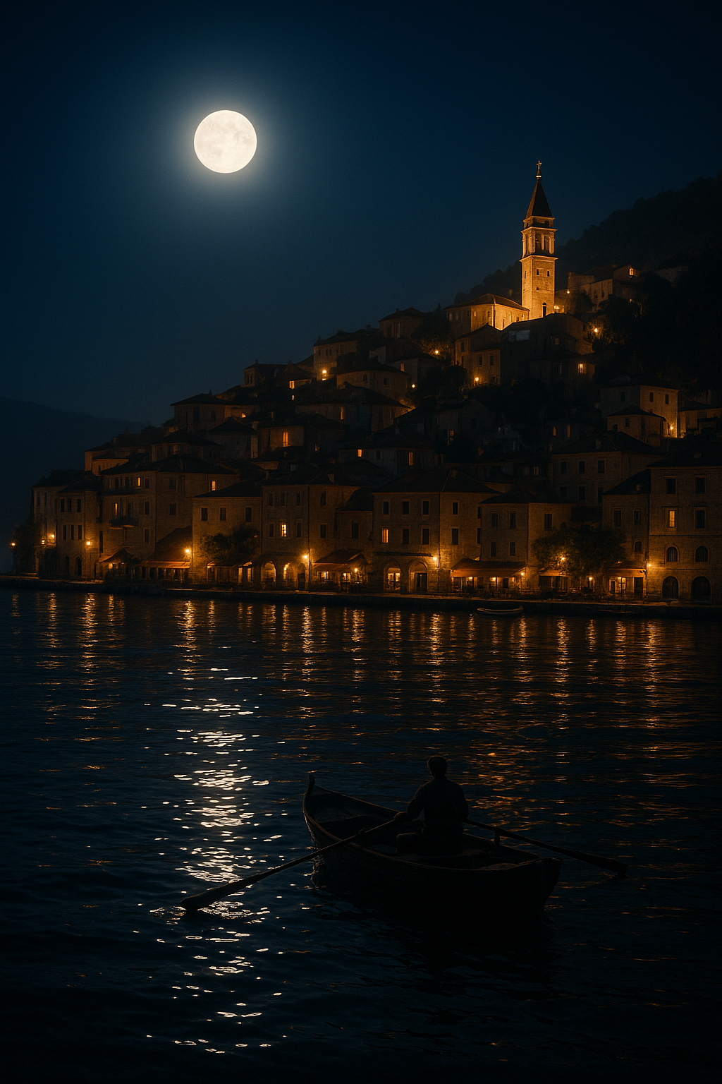 Ultra hyper-realistic cinematic photograph of a Mediterranean coastal town at night, illuminated by a brilliant full moon glowing high in a deep indigo sky. Warm golden lights spill from hillside houses, a church spire, and waterfront buildings, reflecting in soft ripples across a calm dark sea. In the foreground, a lone fisherman rows a traditional wooden boat, his silhouette framed against the shimmering moonlight path on the water. Dramatic contrast between cool blue night tones and warm amber city lights, atmospheric haze, cinematic depth of field, fine architectural detail on distant buildings, gentle water reflections, tranquil and romantic mood. Shot on a full-frame camera, 35mm lens, long exposure, ultra-sharp focus, 8K UHD resolution, hyper-detailed, professional travel photography, award-winning composition.