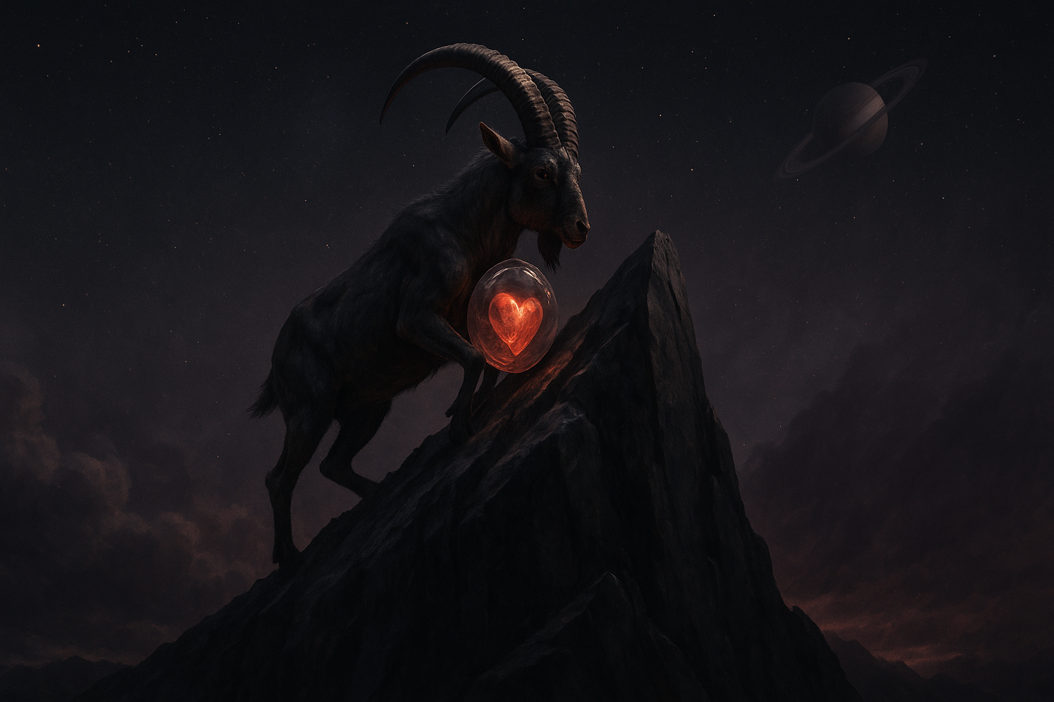Create a powerful symbolic scene of a Capricorn goat climbing an impossibly tall dark mountain while carrying a glowing crimson heart protected inside a transparent stone-like shell, heavy clouds gathering below, distant stars above, Saturn glowing faintly in space, representing how Capricorn protects their deepest emotions while remaining strong, dark charcoal, deep red and purple colors, cinematic ultra-realism, 16:9, no text, no watermark.