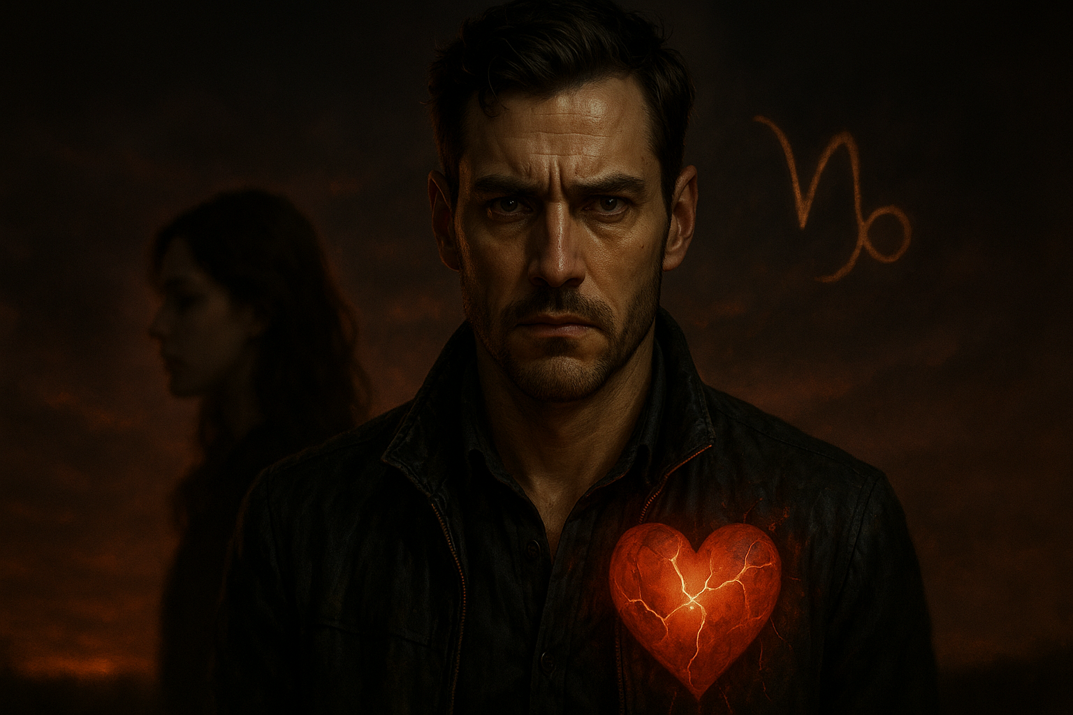 Realistic cinematic close-up of a heartbroken Capricorn man, cold serious eyes, cracked glowing heart, former lover blurred behind him, dark red sky, Capricorn symbol, mystery, emotional tension, dramatic golden light, high contrast, photorealistic, 16:9, no text.