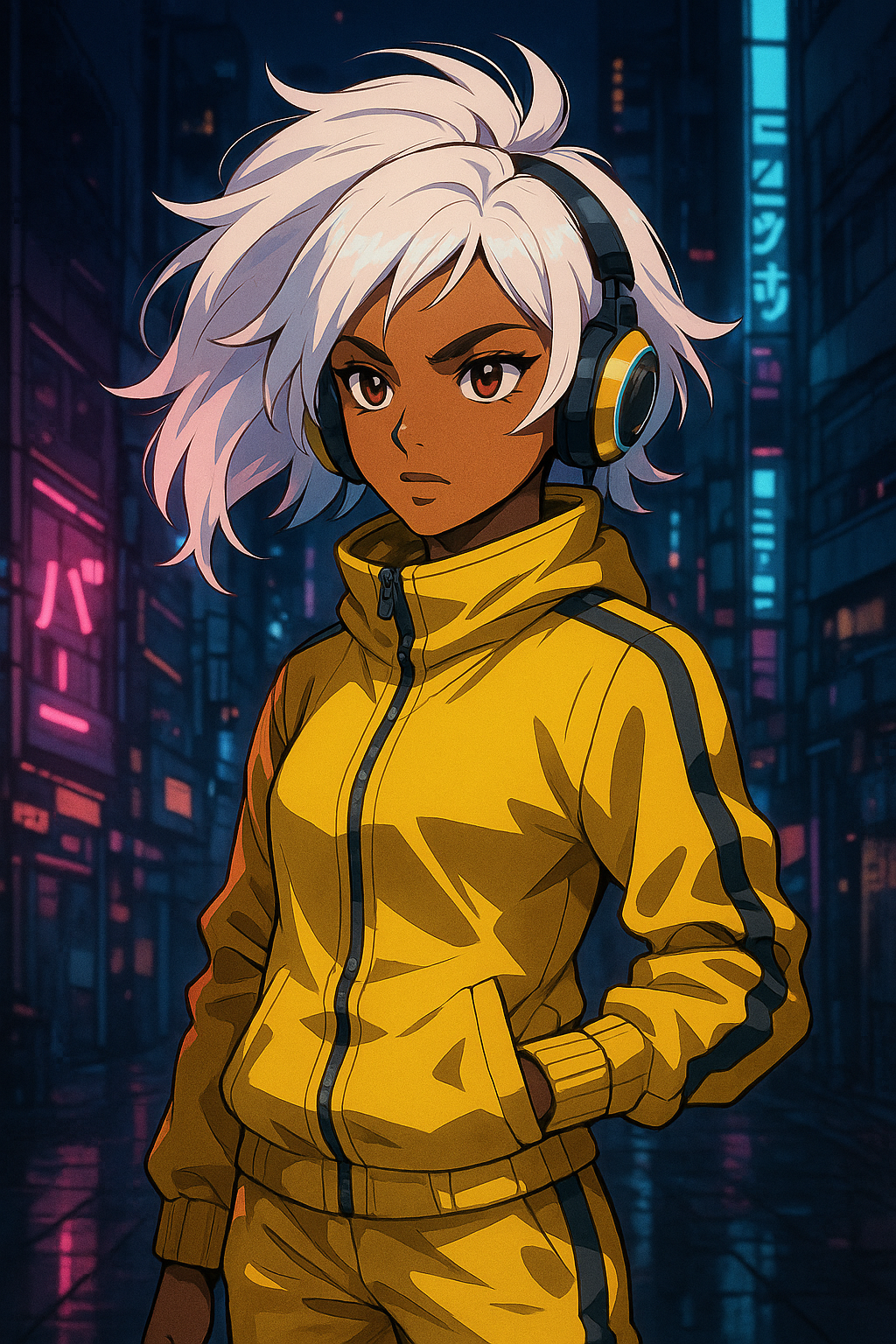 She’s a light brown with white hair she has on a yellow tracksuit, looking in front