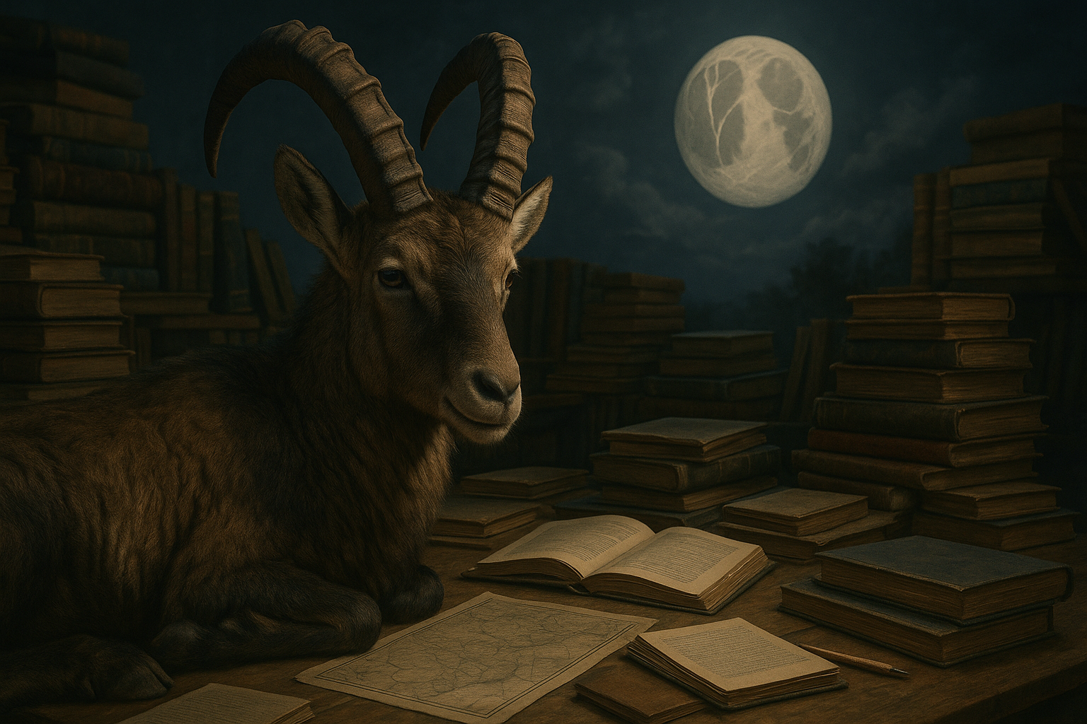 Realistic Capricorn mountain goat surrounded by organized books, maps, notebooks and learning materials under a Virgo moon, intelligent practical atmosphere, cinematic realism, 16:9, no text