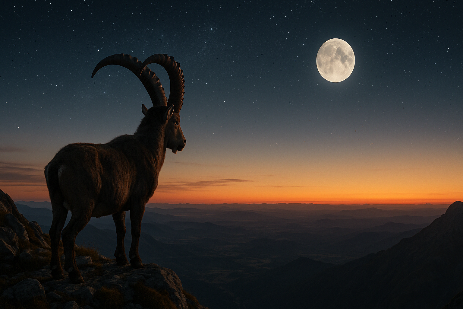Realistic Capricorn mountain goat standing on a mountain overlooking a vast open world, glowing horizon, stars above, feeling of freedom and possibility, Virgo moon, cinematic realistic style, 16:9, no text
