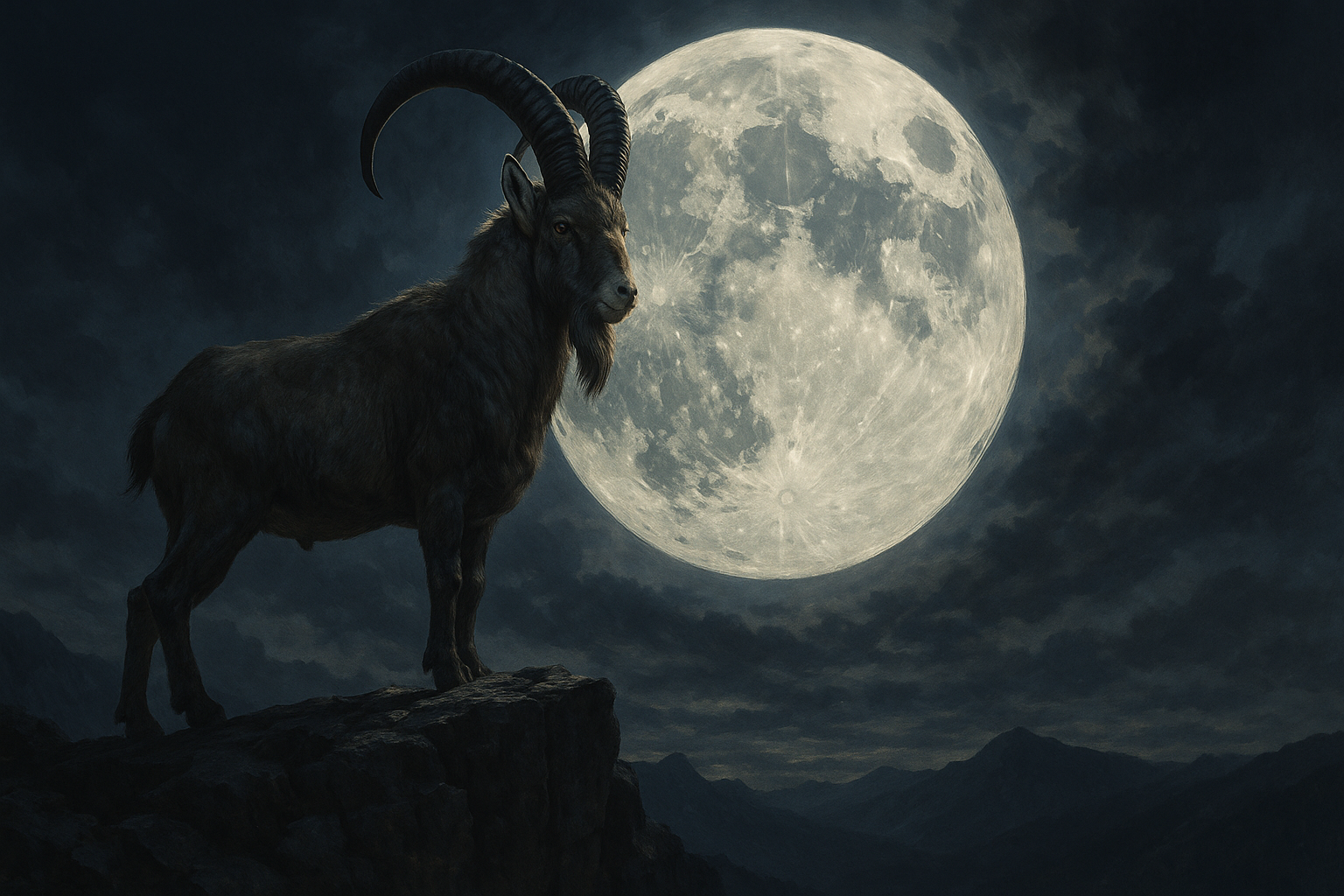 Realistic Capricorn zodiac mountain goat standing on a dark mountain cliff, huge glowing full moon, mysterious September sky, dramatic light, powerful new beginning, cinematic realistic style, 16:9, no text