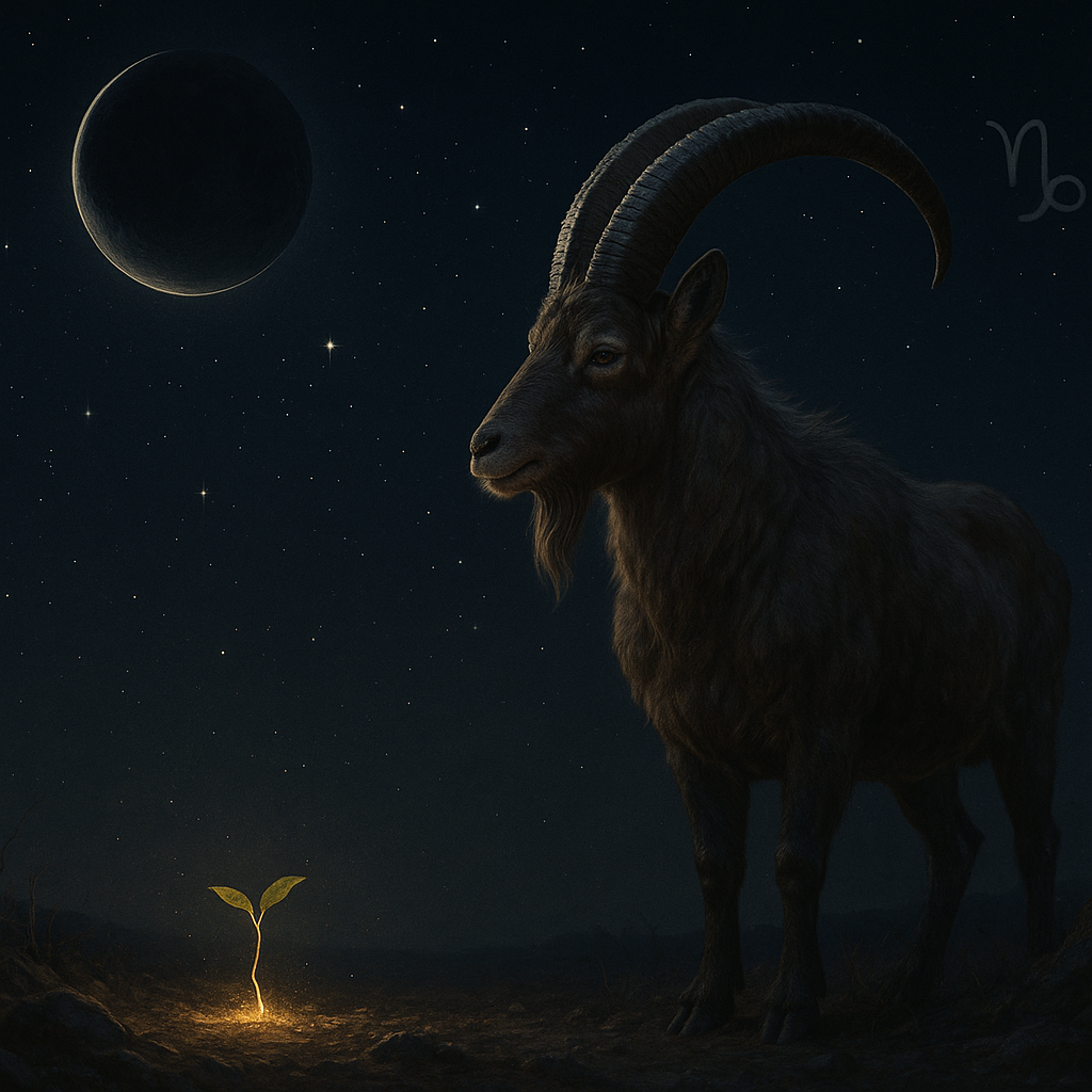 Realistic Capricorn goat standing beneath a dark New Moon, tiny glowing seed growing from the ground, stars around, hidden beginning symbolism, Capricorn zodiac symbol, cinematic realistic, 16:9