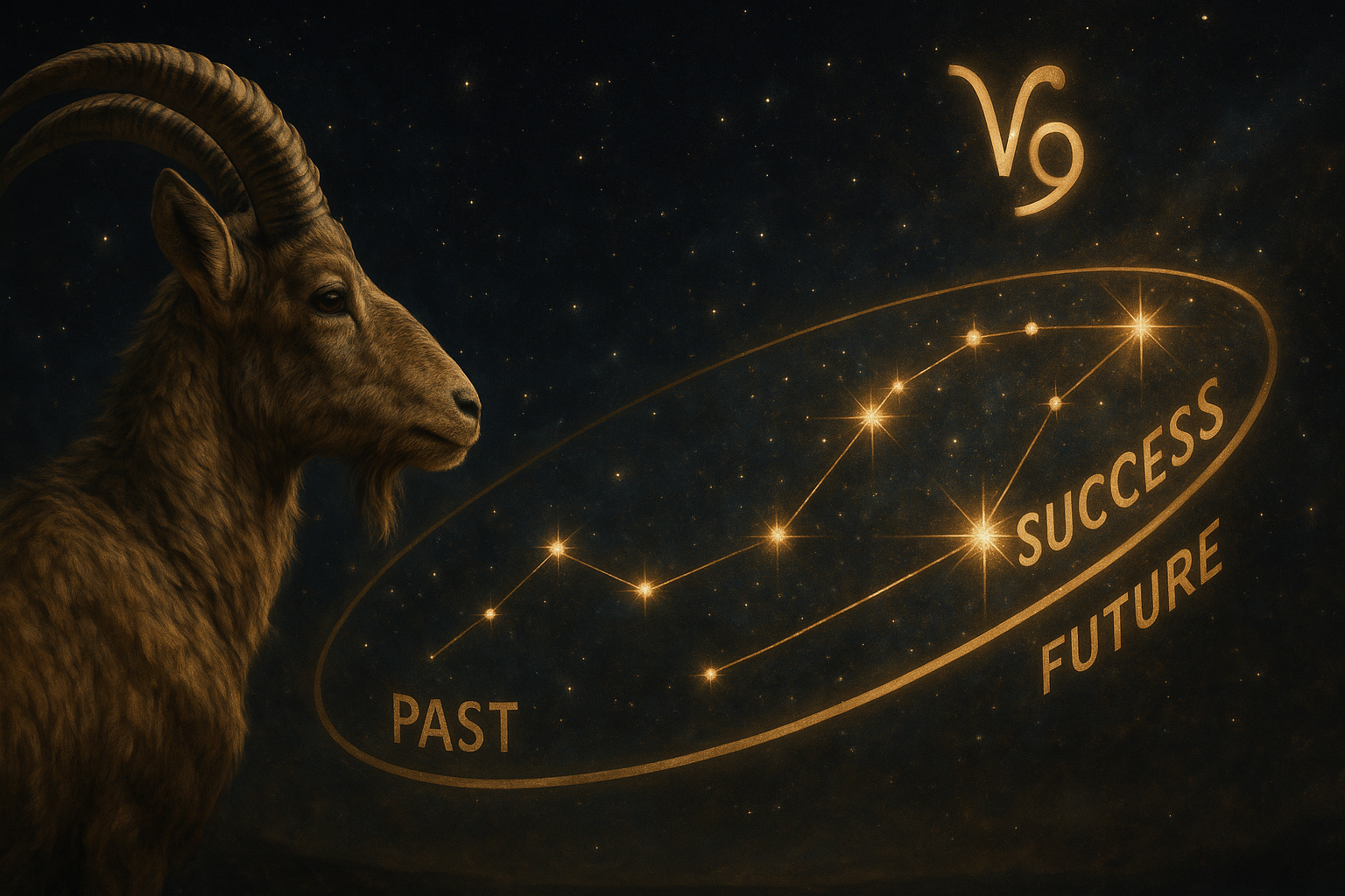 Realistic Capricorn goat looking at a giant cosmic timeline showing past struggles transforming into future success, glowing stars connecting every moment, Capricorn zodiac symbol, cinematic realistic, 16:9
