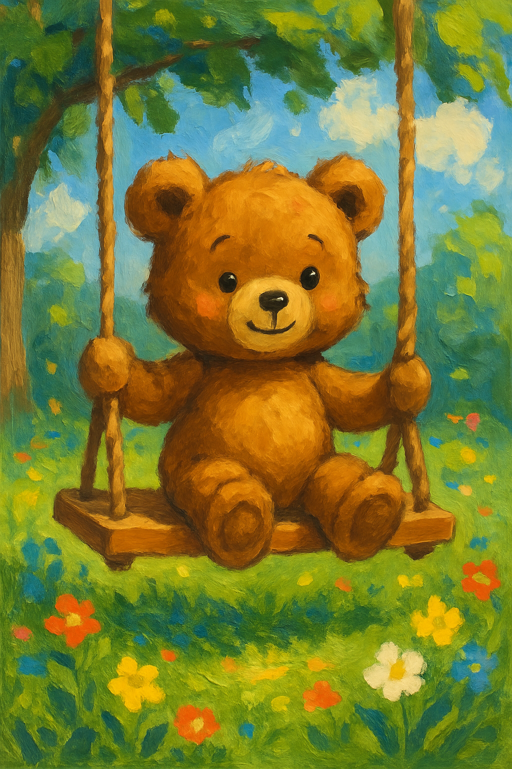 A little bear sitting in a swing in a garden