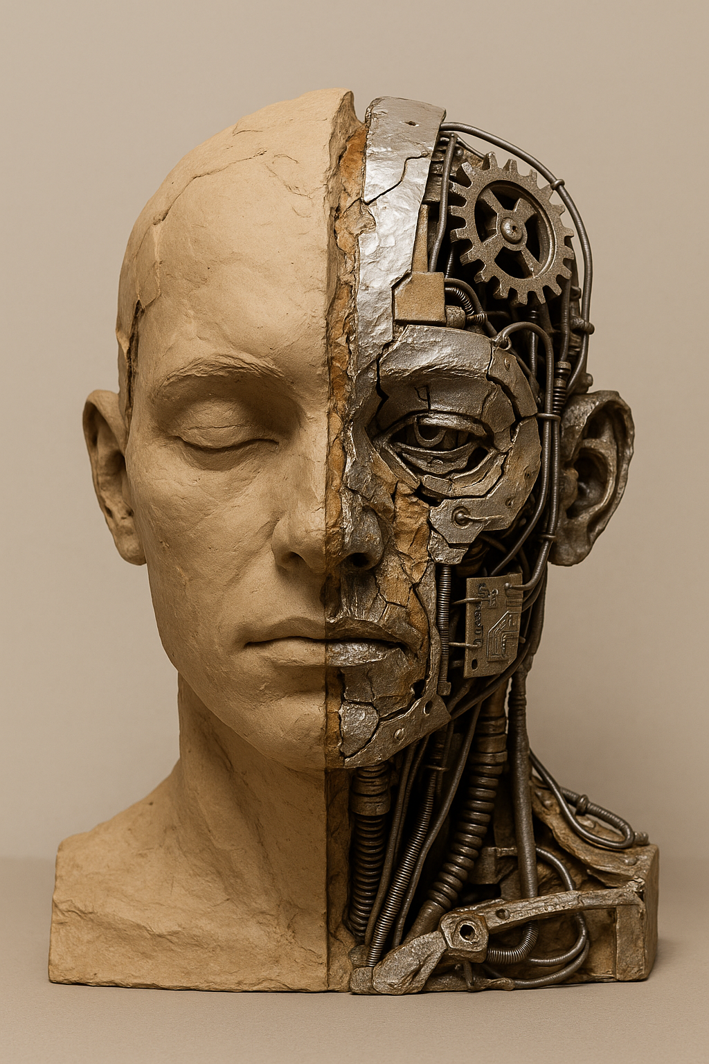 Create a conceptual sculpture representing the fusion between human and machine. The sculpture features a three-dimensional human face divided vertically, where both sides gradually merge instead of being completely separated. The left side represents humanity, with smooth organic facial features, soft curves, and natural textures resembling skin. The right side transforms into mechanical elements such as visible gears, wires, metallic structures, circuits, and industrial components. In the center of the face, both materials organically fuse together, creating a gradual transition from human to machine.

The sculpture should have an artistic, contemporary, conceptual design suitable for a university art and design project. It must look physically possible to construct using simple materials such as cardboard, recycled objects, wire, aluminum foil, paper mache, clay, gears, cables, and plastic pieces. Minimalist composition, strong visual contrast between organic and mechanical forms, neutral background, studio lighting, realistic sculpture photography.

Si quieres que salga más impactante y artístico, agrega al final:

The fusion should symbolize the loss of boundaries between human identity and technology, creating a poetic and thought-provoking visual metaphor rather than a simple robotic face.