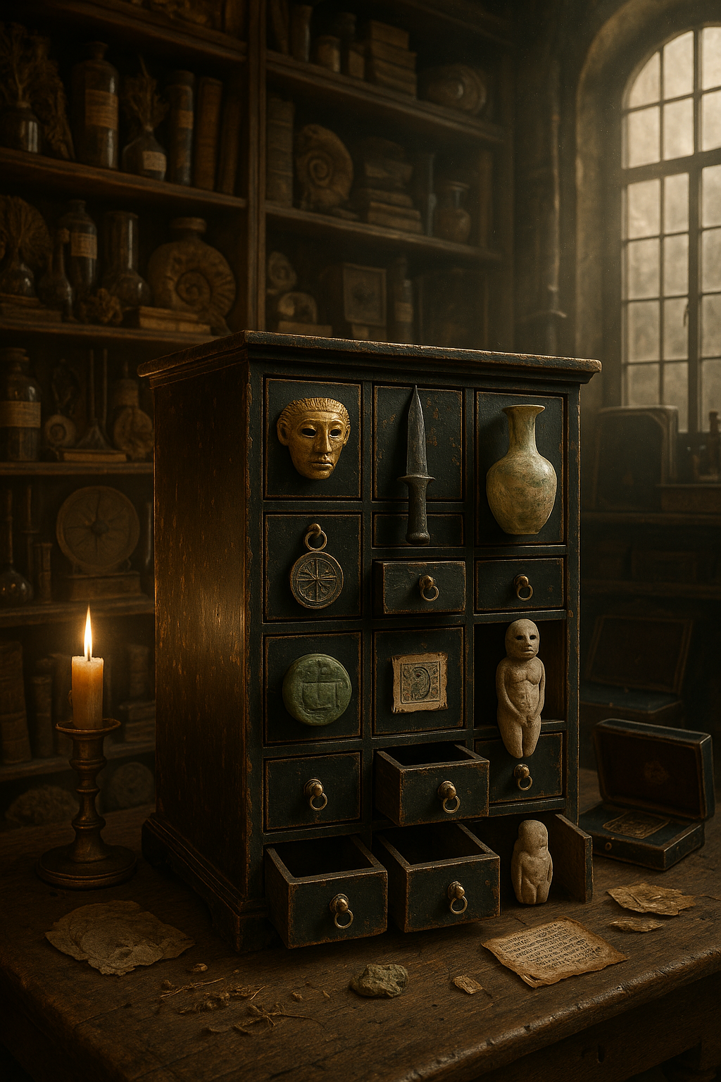 A legendary antique collector's cabinet containing seven extraordinarily rare objects from civilizations separated by thousands of years, arranged inside an enormous Renaissance-era Wunderkammer. The central object is a black lacquered cabinet with hundreds of tiny drawers, each drawer containing a unique archaeological treasure: a miniature Minoan gold mask, an obsidian ceremonial dagger from a vanished culture, a translucent Roman glass vessel with iridescent weathering, a Byzantine astronomical pendant, an ancient jade seal, a tiny illuminated manuscript fragment, and a mysterious prehistoric carved ivory figurine whose origin is unknown. Every artifact must look genuinely old, individually handcrafted, historically plausible, and materially distinct. Behind the cabinet are towering shelves filled with dusty botanical specimens, rolled maps, fossilized curiosities, scientific instruments, antique globes, velvet-lined cases, and handwritten catalog cards. The room feels like an impossible private museum forgotten for centuries. Warm candlelight pools across the objects while shafts of pale morning light enter through tall windows, revealing layers of floating dust. Grand Renaissance still-life composition fused with archaeological museum photography and surreal historical storytelling, extremely precise textures, aged wood grain, gold leaf deterioration, cracked lacquer, mineral deposits, oxidized metals, parchment fibers, realistic conservation imperfections, layered depth, symmetrical composition with the cabinet as the visual anchor, 35mm lens, cinematic volumetric lighting, rich umber, emerald, lapis, oxidized gold, ivory and charcoal palette, ultra-photorealistic, 8K, intricate micro-detail, atmospheric, scholarly yet mysterious.