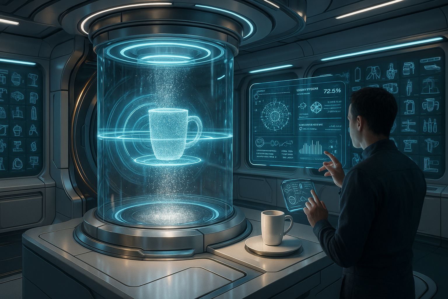 A visually spectacular futuristic matter replicator laboratory inside a sophisticated starship, capturing the instant an ordinary object is being fabricated from raw energy and information. At the center of the composition is a transparent vertical fabrication chamber surrounded by elegant metallic architecture. Inside, thousands of luminous particles rapidly organize themselves into a perfectly formed object while concentric energy fields scan through it layer by layer. Show the manufacturing process as a hybrid of molecular assembly, advanced 3D printing, quantum computing, and programmable matter. Around the chamber are walls filled with thousands of possible objects represented as subtle holographic blueprints: food, tools, medical instruments, mechanical components, clothing, scientific equipment, and intricate replacement parts. A researcher observes the process through a transparent interface, manipulating floating holographic controls with one hand. The interface displays molecular composition, atomic arrangement, structural integrity, energy consumption, and completion percentage. The room should feel like an elegant fusion of a laboratory, fabrication facility, and futuristic kitchen. A completed object sits on a polished platform beside the machine, appearing completely physical despite having been created moments earlier. Include tiny particles of energy cascading downward during the final stage of replication, with realistic reflections across the chamber's glass and metal surfaces. 

Mood: revolutionary, elegant, optimistic, intellectually exhilarating.
Color palette: pearl white, silver, graphite, cyan, soft violet, restrained gold accents.
Composition: central fabrication chamber as the visual anchor, researcher offset to one side, holographic blueprints creating depth around the subject.
Lighting: luminous internal energy, clean architectural lighting, cyan reflections, subtle volumetric haze, precise cinematic highlights.
Visual style: premium cinematic science fiction, futuristic industrial design, photorealistic VFX, elegant minimalism, extremely detailed laboratory environment, believable advanced manufacturing technology.
Camera: 32mm cinema lens, slightly elevated three-quarter perspective, moderate depth of field, controlled anamorphic flare, high dynamic range, razor-sharp central detail.
Keywords: matter replication, molecular assembler, programmable matter, futuristic fabrication, quantum manufacturing, holographic blueprints, starship laboratory, advanced technology, cinematic sci-fi, photorealistic VFX, industrial design, ultra-detailed, 8K, elegant futuristic architecture.