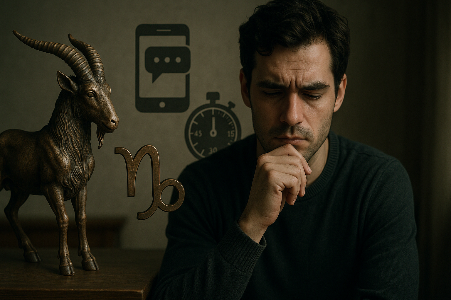 Realistic Capricorn zodiac symbol beside a pressured decision, phone messages and countdown clock, calm Capricorn thinking carefully, cinematic realism, 16:9 aspect ratio