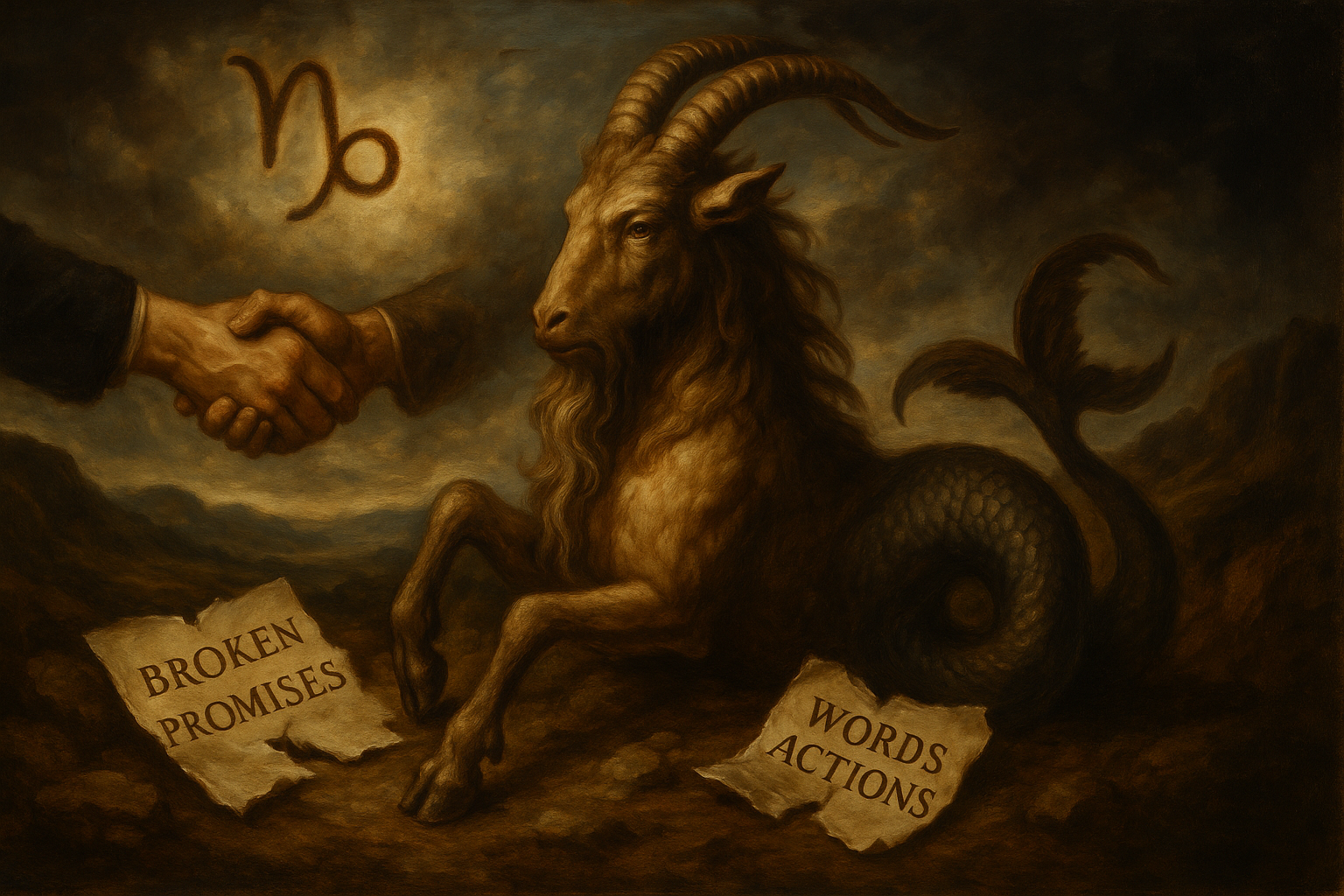 Capricorn zodiac symbol with broken promise and contrasting words and actions, realistic, dramatic lighting, 16:9