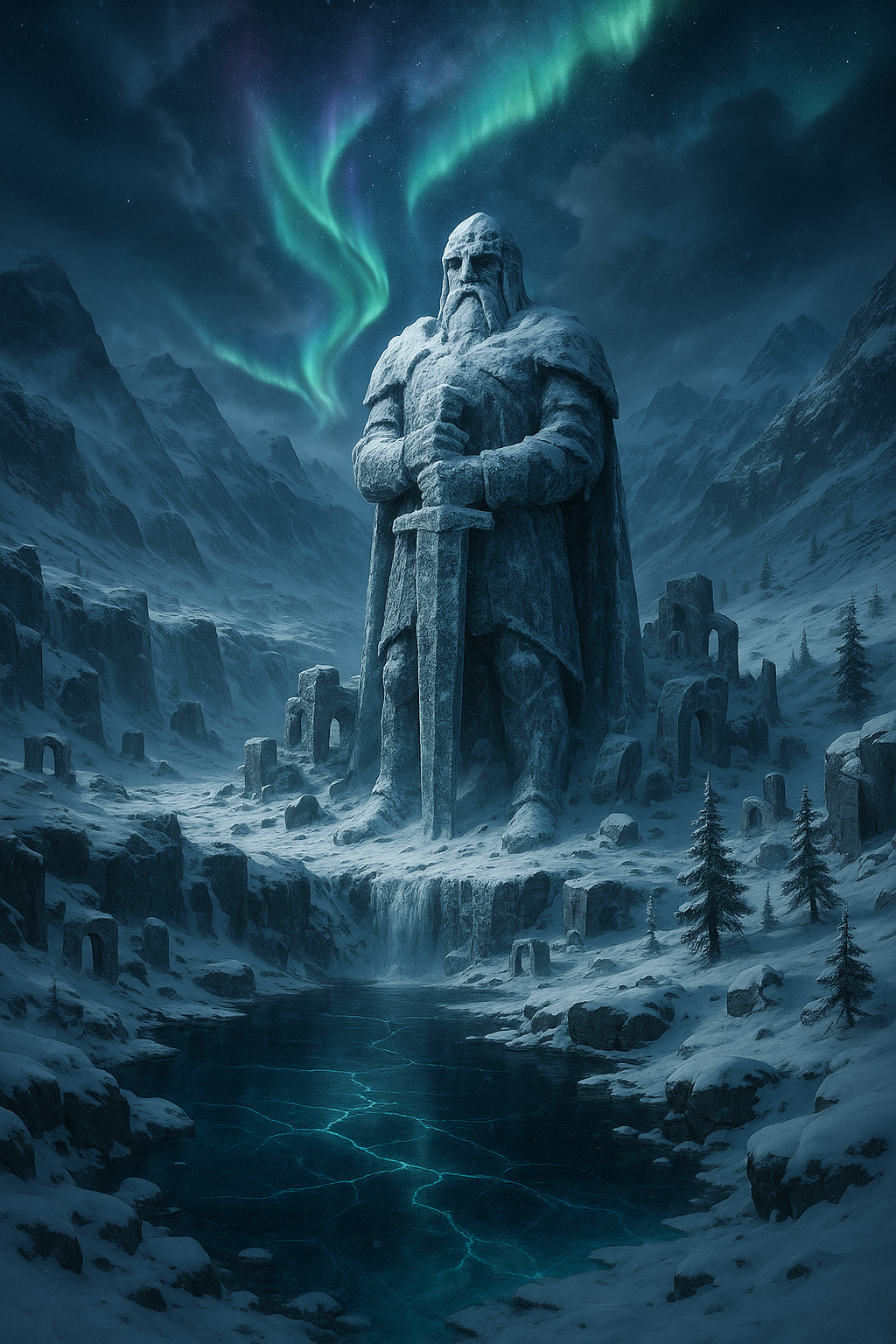 A colossal live-action fantasy landscape inspired by the Freljord, showing an untouched frozen wilderness beneath an enormous aurora-filled night sky. A monumental glacier valley stretches toward the horizon, surrounded by sharp snow-covered mountains and ancient stone ruins half-buried beneath centuries of ice. At the center stands a gigantic weathered stone monument carved into the shape of an ancient northern warrior, partially covered with frost and snow. Frozen waterfalls descend from cliffs into a dark blue lake whose surface contains cracks glowing faintly with ancient magical energy. Snowstorms sweep across the distant peaks while enormous clouds part overhead to reveal vivid ribbons of emerald, violet and electric-blue aurora. Sparse windswept pine trees bend beneath the freezing wind. The atmosphere feels ancient, lonely, sacred and overwhelming. Cold moonlight creates crisp blue shadows while subtle magical turquoise illumination rises from beneath the ice. Hyper-realistic live-action environmental design, physically accurate snow, ice translucency, frost textures, atmospheric perspective, epic environmental storytelling, 18mm ultra-wide cinematic lens, low-angle composition, immense sense of scale, high-contrast night cinematography, volumetric moonlight, subtle drifting snow particles, restrained color grading, realistic practical locations enhanced with invisible VFX, prestige fantasy-series aesthetic, 8K photorealism.