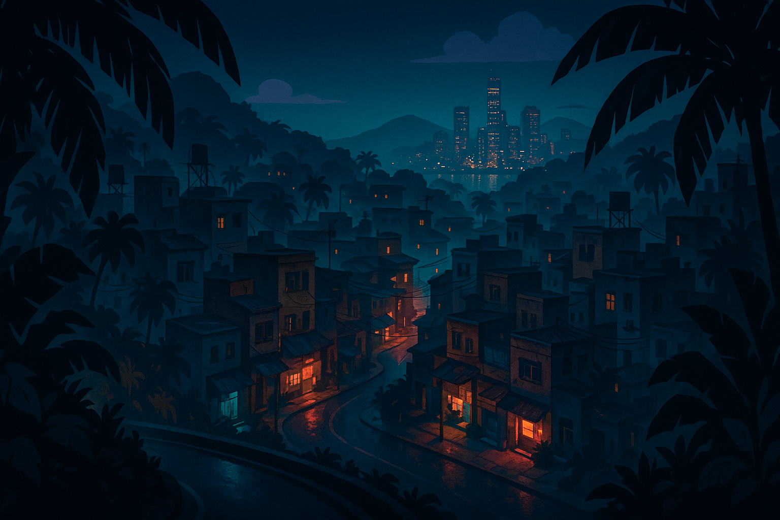 A mysterious tropical district of a sprawling fictional open-world city after midnight, viewed from a quiet elevated road overlooking a labyrinth of narrow streets. Dense palms and enormous tropical leaves frame old concrete buildings, colorful roadside shops, rooftop terraces, water towers, power lines, and weathered apartment blocks. A few streets are illuminated by pools of turquoise, amber, pink, and red light, while most of the neighborhood disappears into deep blue shadows. In the distance, a luminous downtown skyline rises behind the tropical hills, reflected faintly in a dark bay.

 The visual language should be highly stylized illustrated game art rather than realism: large simplified shapes, expressive silhouettes, painterly color transitions, graphic lighting, subtle grain, minimal micro-detail, and carefully controlled atmospheric depth. Think cinematic environmental concept art with the warm graphic sensibility of Firewatch combined with the dramatic geography of an expansive fictional crime-game map.

 Mood: nocturnal, nostalgic, secretive, atmospheric, slightly surreal, and adventurous. The viewer should feel as though they have stopped their vehicle on a deserted overlook and discovered an entire city quietly glowing below. The sky is deep navy with a faint violet gradient near the horizon and a few oversized stylized clouds. Wet pavement subtly reflects colored lights.

 Composition: cinematic 2.39:1 widescreen frame, viewpoint from a hillside road, foreground vegetation creating a natural vignette, winding illuminated road leading into the neighborhood, distant skyscrapers providing scale. 50mm cinematic perspective, controlled atmospheric haze, graphic shadow shapes, teal-and-amber color contrast, painterly digital illustration, sophisticated environmental storytelling, subtle film grain, no visible people, no text, no logos, no photorealistic rendering.