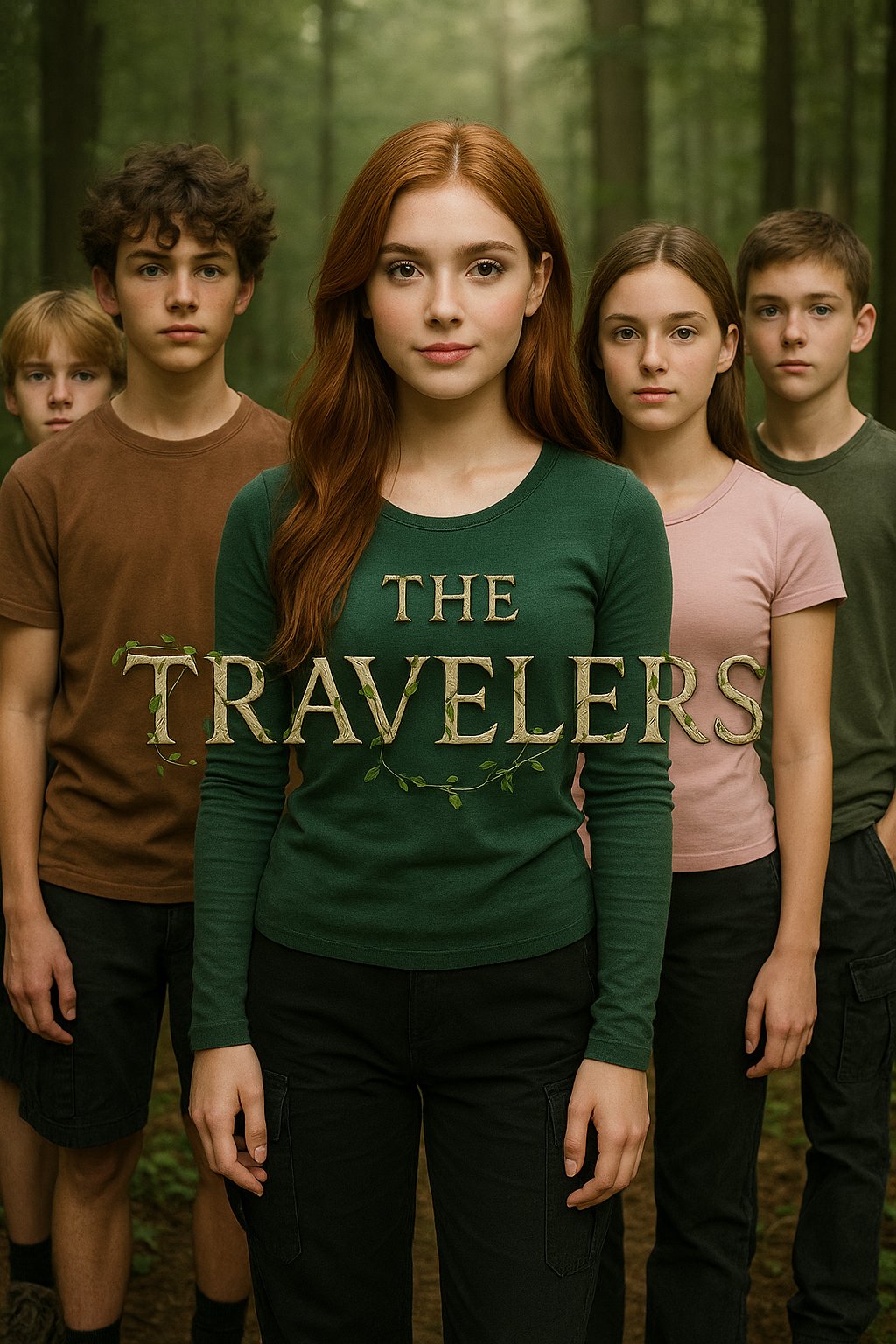 make the person in this photo have her hair down a little makup on and a long sleeved forest green shirt and black cargo pants  with the forest behind herwith the words written with vines around them " THE TRAVELERS" and make her look prettier and put the words in front of her floating red head brown eyes 14 year old with a 14 year old boy next to her on herleft with brown hair that is curly and green eyes with a brown shirt on and black cargo pants and next to him is another 14 year old boy with blond hair and brown eyes wearing a orange shirt purple shirt and black cargo pants and on the other side of the red headed girl is another girl with brown hair and blue eyes witha light pink tight t-shirt and next to her is a boy with brown short hair and blueish greenish eyes and they are all cuacasion there is only 5 people 
